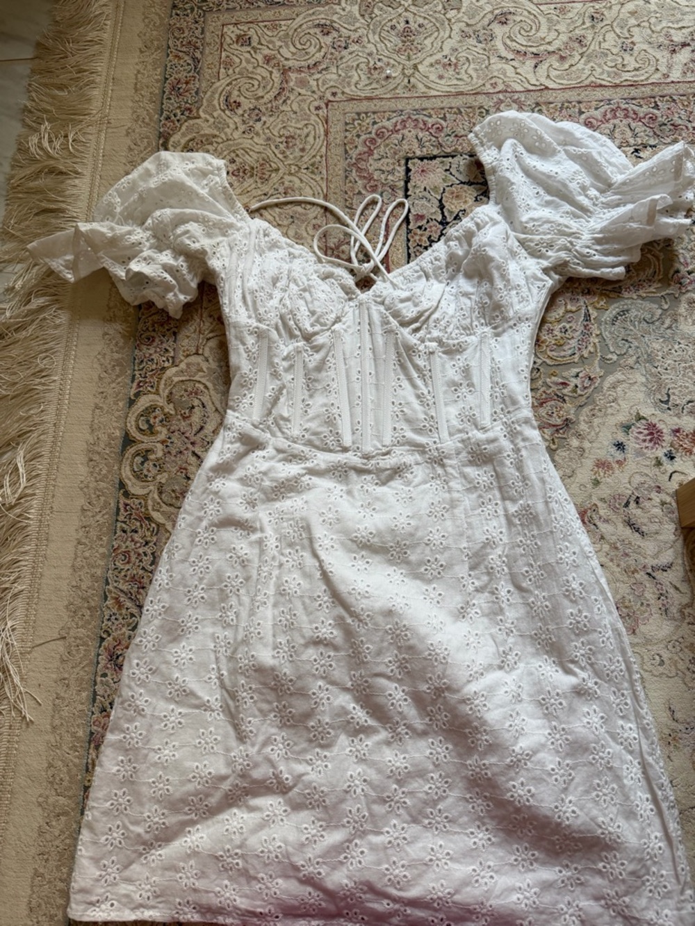 White Eyelet Puff-Sleeve Mini Dress with Sweetheart Neckline